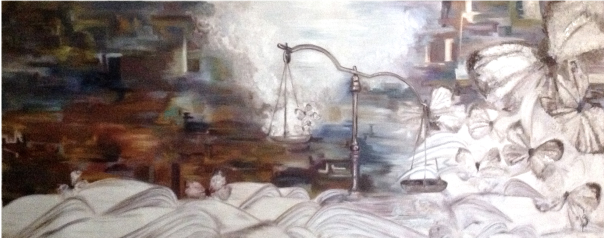 Título: “Actos de Amor, justicia y libertad” Técnica: Óleo sobre tela Tamaño: 70 x 190 cm  Año: 2012